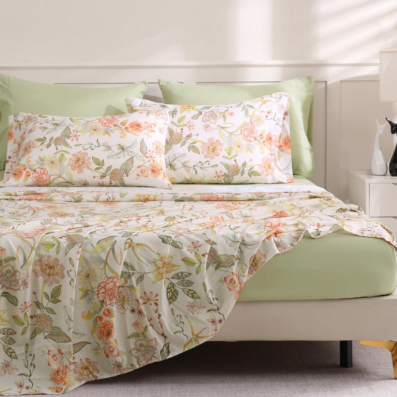 LONAVA Floral Queen Size Bed Sheet Set  6 Piece  Deep Pocket Sage Green Fitted Sheet  Comfy & Breathable Patterned Flat Sheets  100% Brushed Microfiber  Warm Flower Printed - Image 1